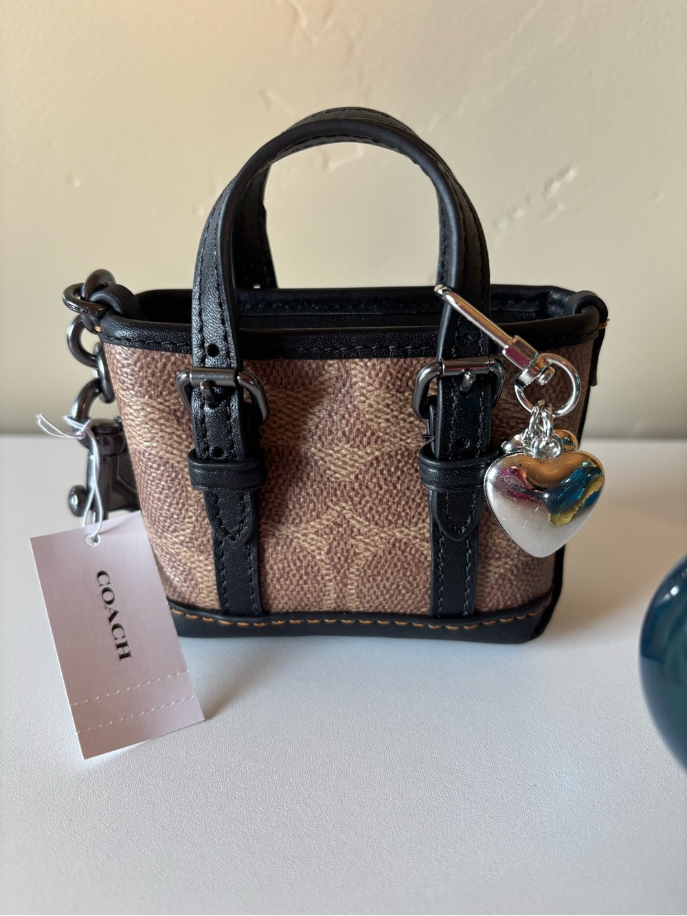 COACH Mini Warner Tote Bag Charm In Signature Canvas with Heart, NWT